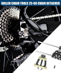 Beefed Up Roller Chain Tool Set For Bicycle Motorcycle Go Kart And ATV Chains Detacher Breaker Cutter And Chain Puller Holder Compatible With 25 To 60 Chain Sizes Durable Carbon Steel Two Pack Black next to a bicycle chain mechanism