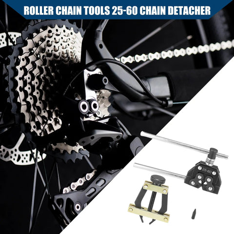 Beefed Up Roller Chain Tool Set For Bicycle Motorcycle Go Kart And ATV Chains Detacher Breaker Cutter And Chain Puller Holder Compatible With 25 To 60 Chain Sizes Durable Carbon Steel Two Pack Black next to a bicycle chain mechanism