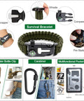 35 In 1 Survival Kit With First Aid Essentials For Camping And Outdoors showing paracord bracelet, compass, and fire starter