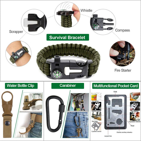 35 In 1 Survival Kit With First Aid Essentials For Camping And Outdoors showing paracord bracelet, compass, and fire starter