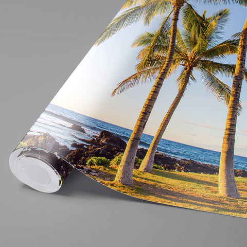 Roll of tropical landscape peel and stick wallpaper featuring palm trees near the ocean, 100x144 inches, removable self adhesive panels.