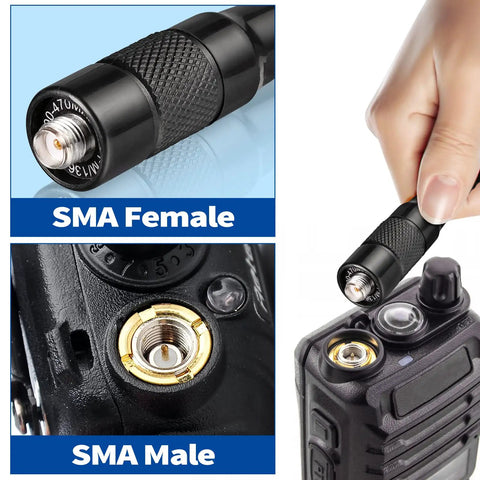 Dual Band VHF UHF Ham Radio Antenna for BaoFeng Wouxun Walkie Talkies showing SMA Female and Male connectors