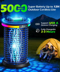 Cordless Outdoor Bug Zapper 4200V 5 In 1 Mosquito Killer With 5000mAh Battery next to camping tent at night.