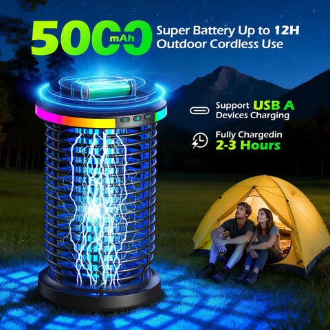 Cordless Outdoor Bug Zapper 4200V 5 In 1 Mosquito Killer With 5000mAh Battery next to camping tent at night.