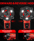 Beast Mode Cordless Impact Wrench 1/2 Inch Brushless Motor showing forward and reverse mode with LED indicators.
