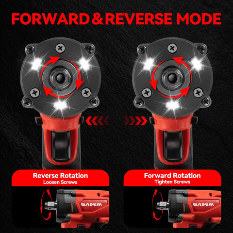 Beast Mode Cordless Impact Wrench 1/2 Inch Brushless Motor showing forward and reverse mode with LED indicators.