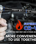 Close-up of hand using socket from 32 Piece One Half Inch Drive Impact Socket Set With High Visibility Blue Rings And White Case, Deep SAE And Metric Sockets From Ten To Twenty Four Millimeters And Three Eighths To One Inch, Cr-V Six Point Mechanic Kit With Extension Bars And Adapters