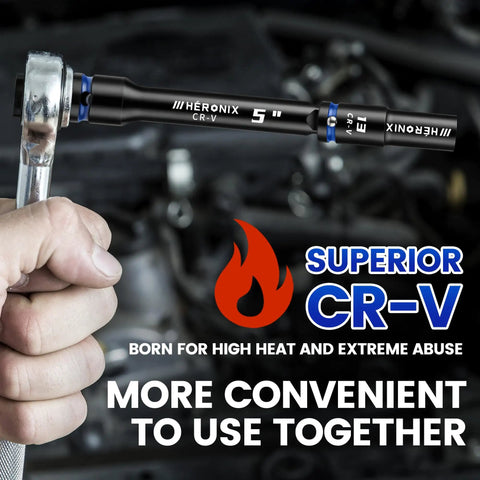 Close-up of hand using socket from 32 Piece One Half Inch Drive Impact Socket Set With High Visibility Blue Rings And White Case, Deep SAE And Metric Sockets From Ten To Twenty Four Millimeters And Three Eighths To One Inch, Cr-V Six Point Mechanic Kit With Extension Bars And Adapters