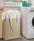 Two-Pack Slim Laundry Hampers Set In Beige And Khaki, Collapsible Linen-Like Fabric Baskets for Clothes, next to washing machine