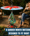 Top Shelf Bird Feeder Baffle And Rain Guard Dome Cover, Ironclad Weatherproof Shield To Keep Squirrels Out And Seed Dry, No Hassle Steel Mount Kit In Bold Red Floral Design with hummingbirds feeding.