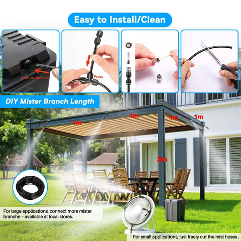 Diagram showing installation of Portable Misting System With 9L Water Bucket And Built In 10000mAh Battery PCS Pump for outdoor cooling.