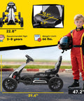 12V Electric Go Kart For Kids With Forward And Backward Drive, Adjustable Speed, shown with dimensions and child model