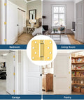 Real Deal Brushed Gold Self Closing Door Hinges Built Tough Spring Loaded Quiet Swing 4 Inch Hardware shown in bedroom, living room, garage, and pantry.