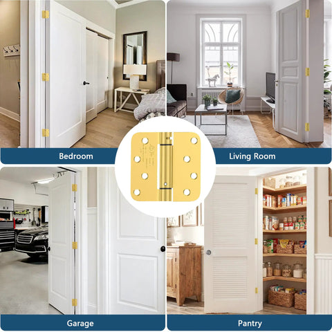 Real Deal Brushed Gold Self Closing Door Hinges Built Tough Spring Loaded Quiet Swing 4 Inch Hardware shown in bedroom, living room, garage, and pantry.