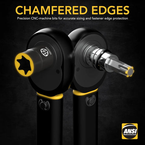 Heavy Duty 25 Piece Torx Bit And E Socket Set Made From Tough S2 Alloy And Chrome Vanadium Steel showing chamfered edges for precision.