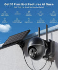 Solar Powered Wireless Outdoor Security Camera System With 360 Degree PTZ, Spotlight And Siren, mounted on a wall with solar panel.