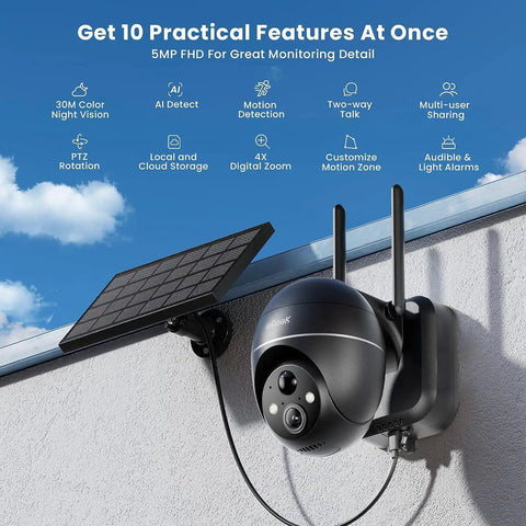 Solar Powered Wireless Outdoor Security Camera System With 360 Degree PTZ, Spotlight And Siren, mounted on a wall with solar panel.