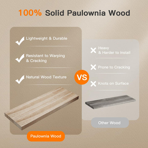 Comparison of 100% Solid Paulownia Wood characteristics for Top Tier Set Of 3 Floating Bathroom Shelves With Wire Storage Basket.