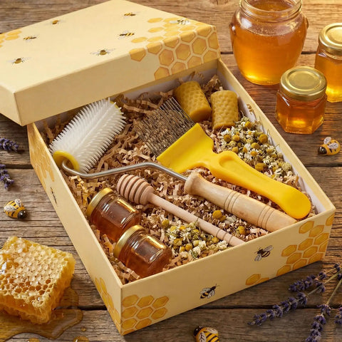 Beekeeping Tools Kit Pro Grade Two Piece Set with honey extractor, uncapping needle roller, and stainless steel unpapping fork.