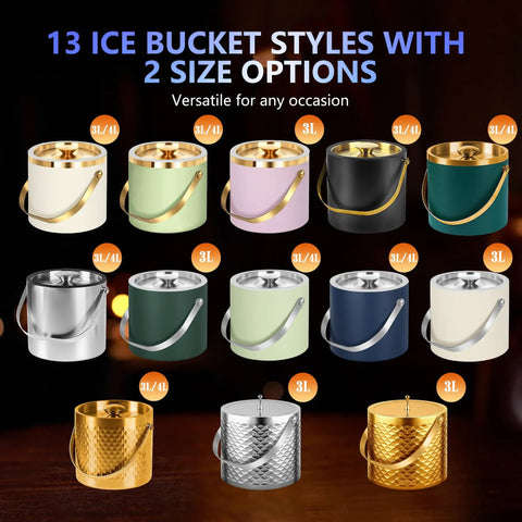 Premium Ice Bucket With Secure Silicone Lid Double Wall Vacuum Insulation Locks In Chill So Your Drinks Stay Frosty And Party Ready Black Three Liter Champagne Cooler Bucket Includes Scoop And Tongs collection of 13 stylish ice buckets in 3L and 4L sizes.