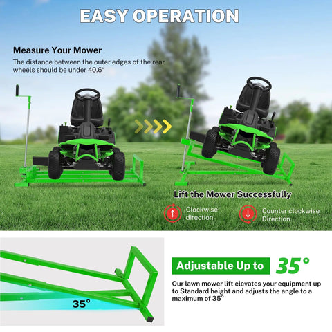 Heavy Duty Lawn Mower Lift Jack for Riding Tractor & Garden Mowers 880 Lbs Capacity High Angle Tilt Crank Stand in operation at 35 degrees