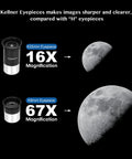 K6 and K25 eyepieces for 70mm Travel Astronomy Telescope With 400mm Focal Length And 70mm Aperture, showing 16x and 67x moon views