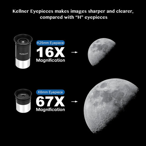 K6 and K25 eyepieces for 70mm Travel Astronomy Telescope With 400mm Focal Length And 70mm Aperture, showing 16x and 67x moon views