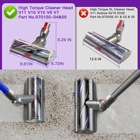 Upgrade High Torque Vacuum Head For Dyson V10 V11 V15 SV12 SV14 SV15 SV17 SV22 SV27 SV28 SV47 Models shown on different flooring types