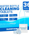Water Bottle Cleaner Tablets 36 Pack No Chlorine Odor Control Formula packaging with individually wrapped tablets visible