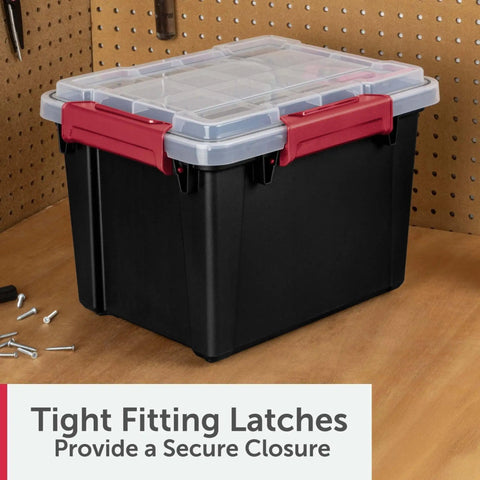 Rugged 5 Gallon Waterproof Storage Bin With Tight Gasket Seal And Heavy Duty Latches, featuring secure tight fitting latches.