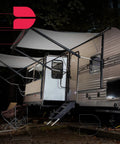 Heavy Duty 14 Inch Gas Shock Struts 35 Lbs Lift Supports for Camper Shells, shown on RV entry with awning and steps.
