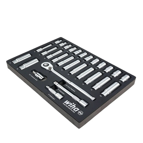 Half Inch Drive Socket Tray Set, 29 Piece Standard And Deep Metric Sockets, 72-Tooth Ratchet, 3 Inch And 6 Inch Extensions, Universal Joint