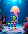 Large Round LED Jellyfish Lamp With 18 Color Changing LEDs For Soothing Sensory Aquarium Decor showcased with jellyfish graphics