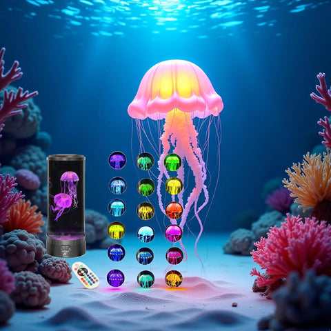 Large Round LED Jellyfish Lamp With 18 Color Changing LEDs For Soothing Sensory Aquarium Decor showcased with jellyfish graphics