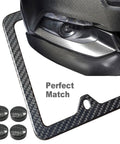 Carbon Fiber License Plate Frame Real Carbon Fiber Cloth Wrapped Holder Slim Black Stainless Steel Car Tag Cover With Screws Caps Rattle Proof Pad Four Hole Design One Pack beside car bumper
