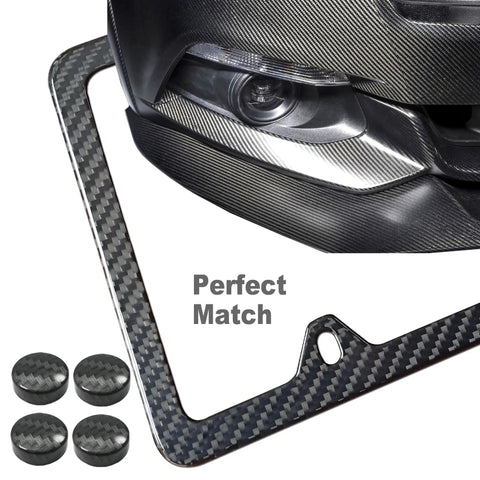 Carbon Fiber License Plate Frame Real Carbon Fiber Cloth Wrapped Holder Slim Black Stainless Steel Car Tag Cover With Screws Caps Rattle Proof Pad Four Hole Design One Pack beside car bumper