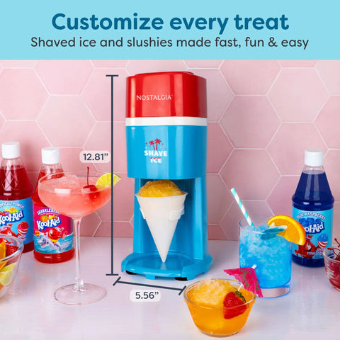Next Level Electric Shaved Ice And Snow Cone Maker, compact blue machine with shaved ice, ideal for summer drinks and desserts.