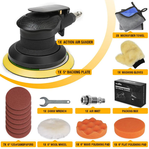 5 Inch Air Random Orbital Sander Dual Action Pneumatic Palm Sander with accessories for wood and metal polishing and car refinishing
