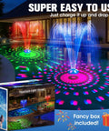 9000mAh Rechargeable Floating Pool Fountain With Light Show illuminating a pool at night with vibrant LED lights, box included.