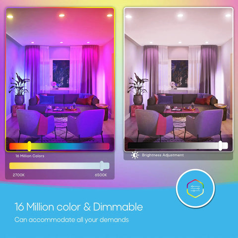 Living room with 6 Inch Smart LED Recessed Lights 4 Pack 13W 1100LM Retrofit Can Lights RGBCW Color Changing Dimmable Downlights, app control interface