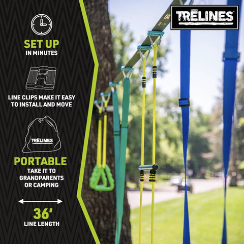 Backyard Gymnastics And Swing Set Kit With 36 Ft Slackline, Monkey Bars, and Clips Easily Set Up Between Trees