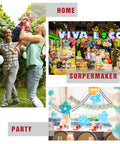 Family playing outside, colorful supermarket interior, and a birthday party setup with decorations and balloons.