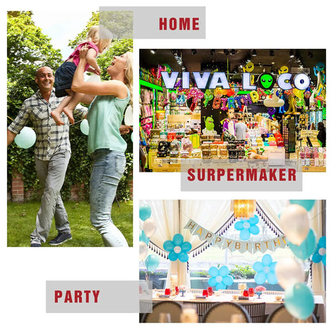 Family playing outside, colorful supermarket interior, and a birthday party setup with decorations and balloons.