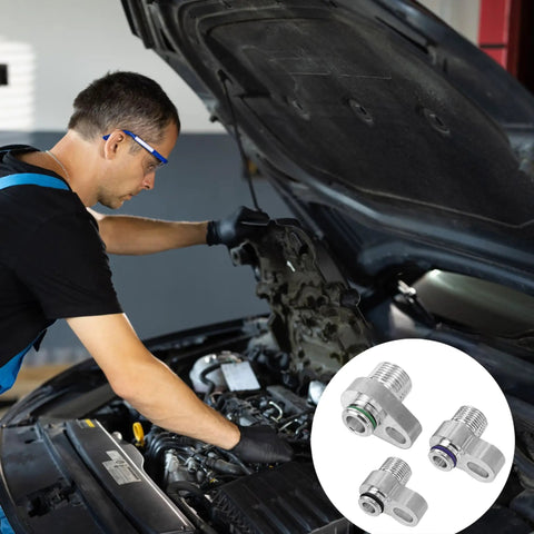 Mechanic installing a Three Piece R134a Adapter Fittings Set With Hose For DIY Auto AC Quick Connects Includes Eight, Ten, And Six Fittings