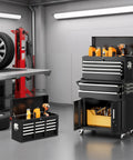 Rolling Tool Chest With Wheels 8 Drawer Metal Tool Cart And Portable Work Bench 2 in 1 Detachable Design With Drawer And Hooks For Garage Workshop Warehouse And Home Shop Heavy Duty Black in garage with open cabinet and top tray