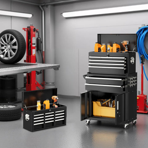 Rolling Tool Chest With Wheels 8 Drawer Metal Tool Cart And Portable Work Bench 2 in 1 Detachable Design With Drawer And Hooks For Garage Workshop Warehouse And Home Shop Heavy Duty Black in garage with open cabinet and top tray