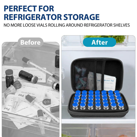 Before and after of TSA Approved Peptide Travel Case With Vial Holder For 3ml Or 1ml Vials Space For 30ml BAC Water Syringe Pockets