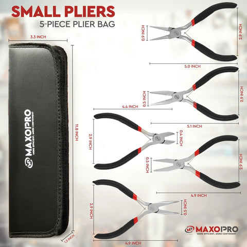 Five Piece Needle Nose Pliers Set With Anti Slip Comfort Grips For Jewelry Making Includes Round Nose Toothless Needle Nose Flat Nose Diagonal And Toothed Needle Nose Pliers In Durable Pouch Made From Nickel Plated Carbon Steel.