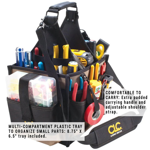 Large Electrical And Maintenance Tool Carrier With 22 Pockets, 8.75 Inch By 6.5 Inch Multi Compartment Tray, Heavy Duty Black Tool Bag For Electricians, Maintenance Pros, And DIY Enthusiasts On The Go. Black tool bag with padded handle and shoulder strap, filled with hand tools.
