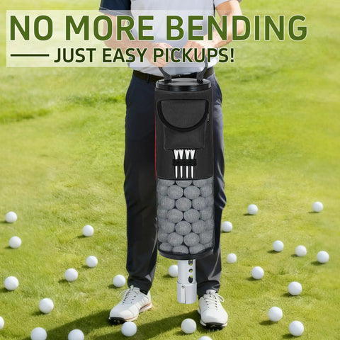 Person using Large Capacity Golf Shag Bag With Detachable Aluminum Tube Ball Retriever Holds Up To 90 Balls, Includes Tee Holders And Accessory Pocket For Easy Range Storage on golf course.